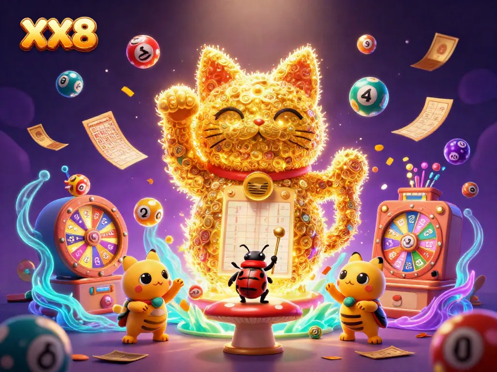Experience the thrill of the XX8 online casino with a vibrant lucky cat and colorful lottery elements.