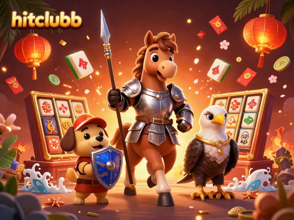 Action-packed scene showcasing hitclubb with knight, puppy, and falcon amidst festive gaming elements.