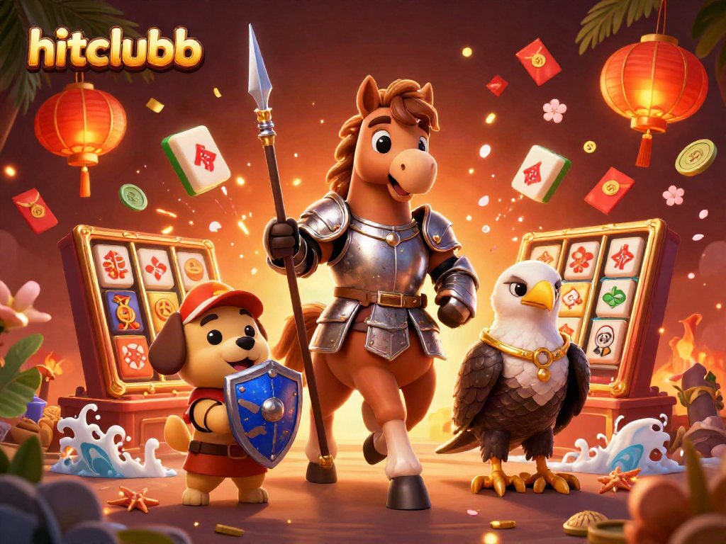 Action-packed scene showcasing hitclubb with knight, puppy, and falcon amidst festive gaming elements.