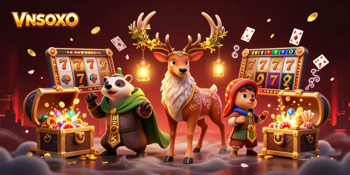 Exciting gameplay at VNSOXO showcased by a Celtic druid stag and treasure elements.