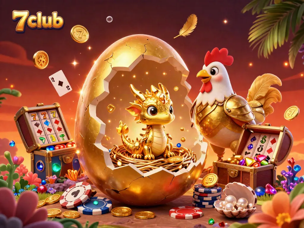 Experience the excitement at 7club with a golden dragon amidst slot reels and poker chips.