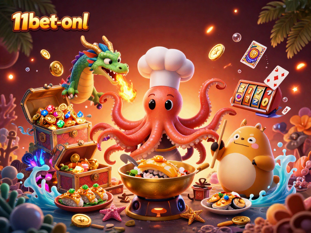 Experience thrilling gameplay at 11bet-onl with vibrant casino characters and treasures in a rich 3D scene.