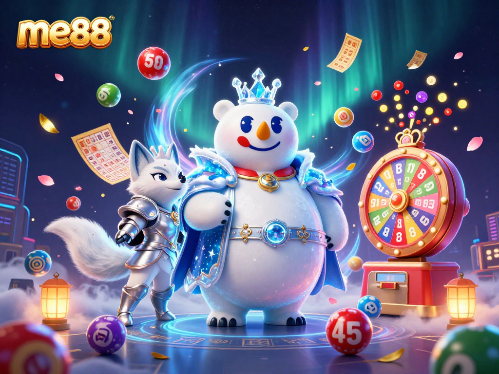 Join the me88 online excitement with vibrant lottery elements and the enchanting ice king bear.