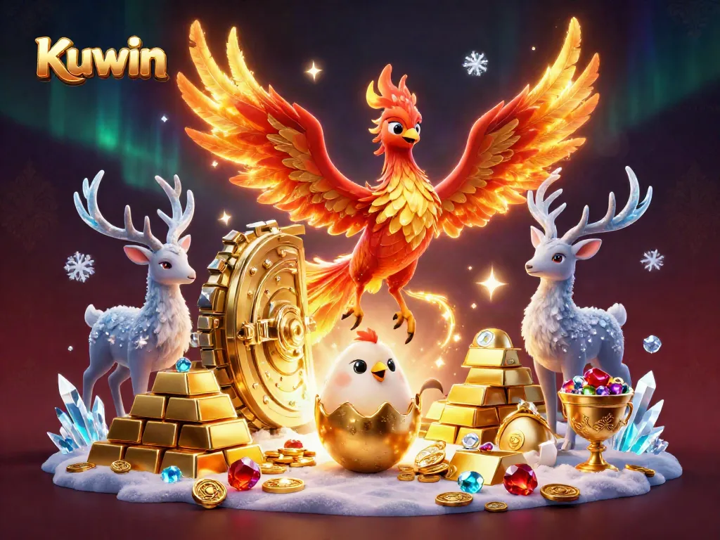 Kuwin highlights a dynamic illustration of an elegant fire phoenix and baby rising above gold treasures while a mystical stag watches.