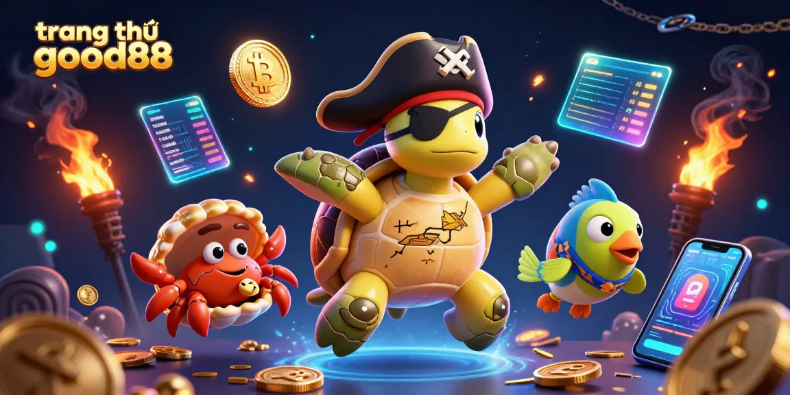 Engage with the vibrant scene of trang chủ good88 featuring a turtle, crab, and fish amidst treasure and crypto elements.