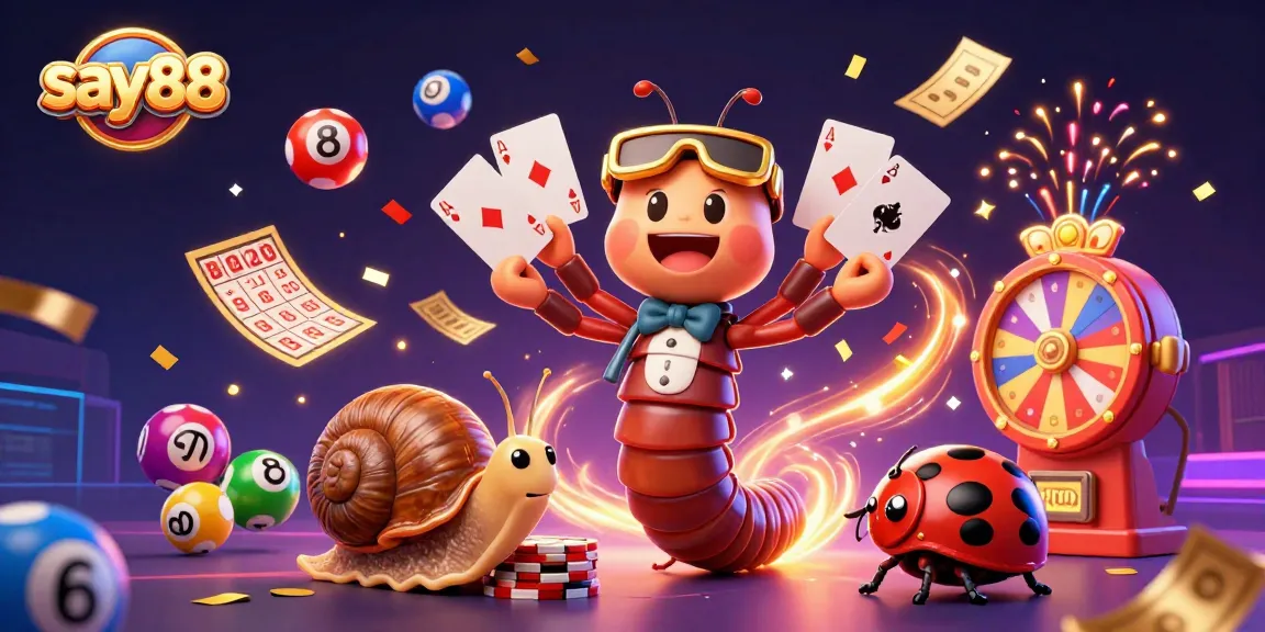 SAY88 showcases dynamic gambling excitement with a vibrant 3D casino scene featuring a millipede dealer, colorful lottery balls, and high roller action.