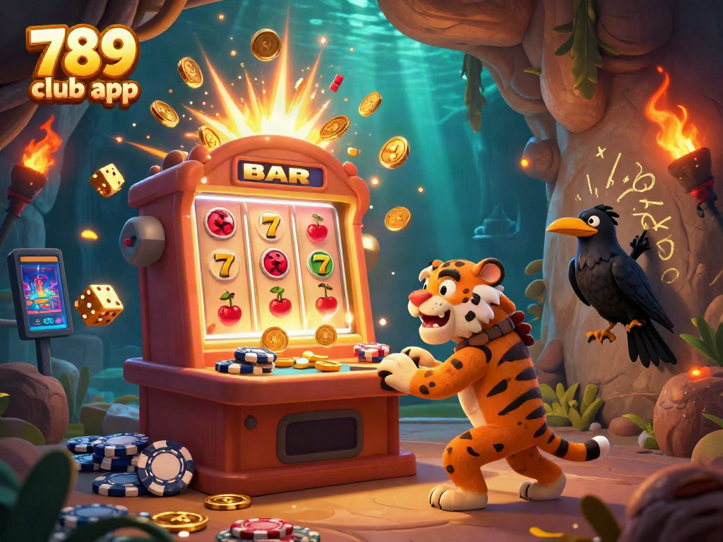 Experience exciting wins with the 789 club app in a lively virtual casino environment, featuring dynamic slot machines and gaming elements.