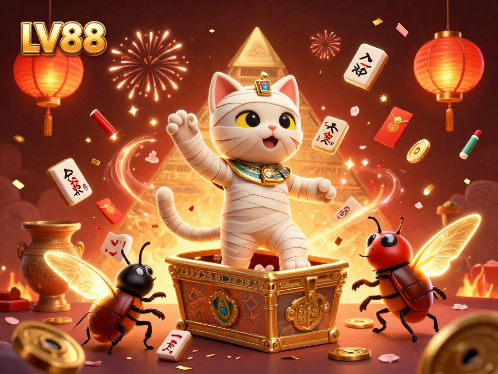 Experience LV88 in a vibrant pyramid casino scene with a mummy cat and festive gaming elements.
