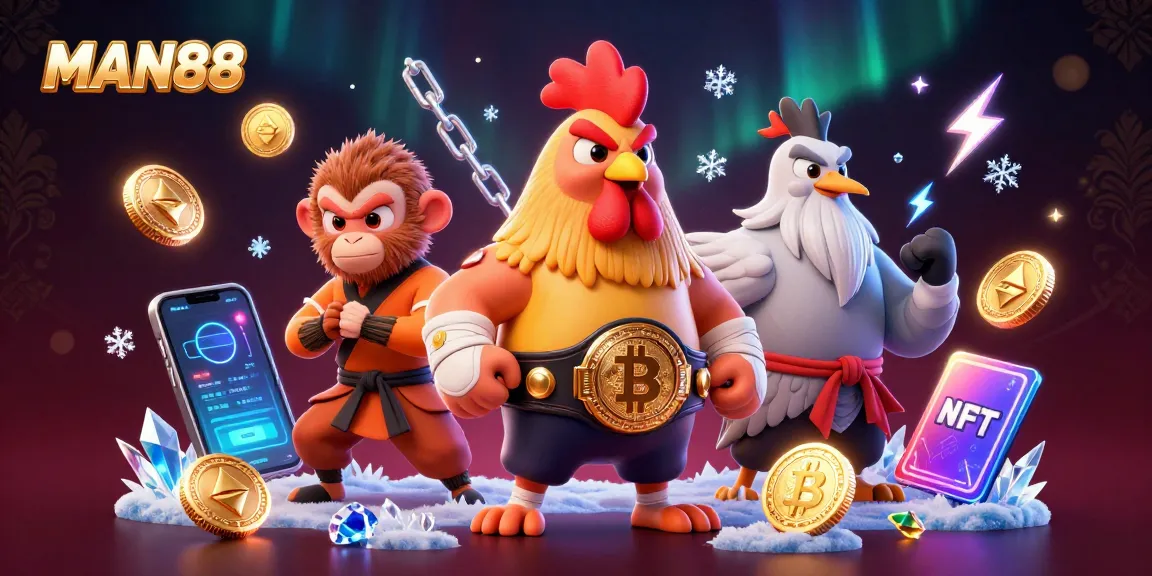 Win big with MAN88 in an exciting casino scene featuring martial arts characters and crypto elements.