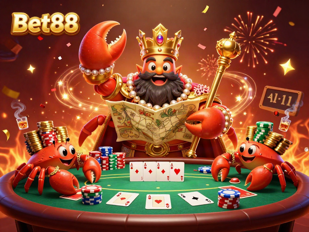 Engage with Bet88's vibrant casino scene, featuring cartoon crab emperor and poker action.
