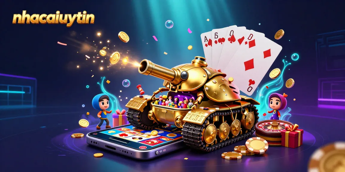 Experience action-packed gaming with nhacaiuytin's vibrant casino illustration featuring a golden tank and dynamic gaming elements.