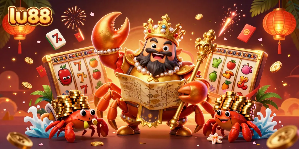 Experience thrilling casino action at lu88 with a vibrant scene featuring a golden crab emperor and slot elements.