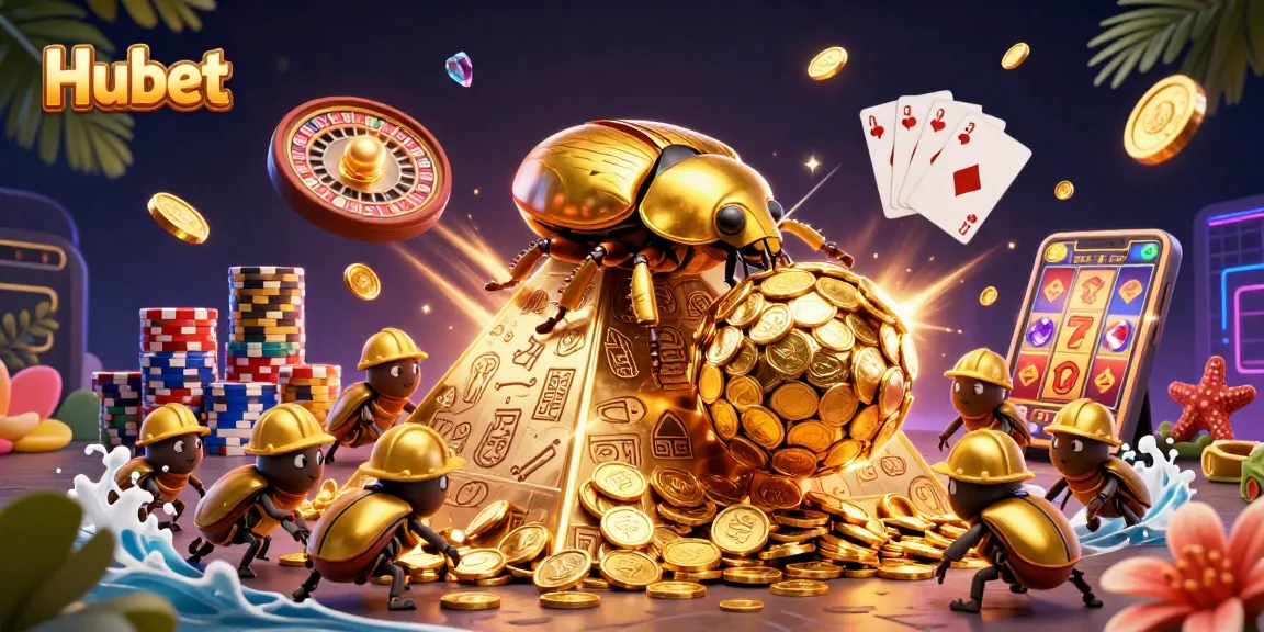 Experience winning opportunities at Hubet with vibrant casino elements and golden treasures.