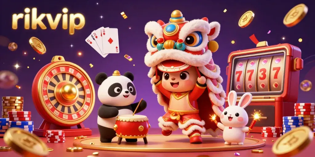 Experience the thrill of gambling with rikvip's festive lion dance illustration filled with vibrant casino elements.