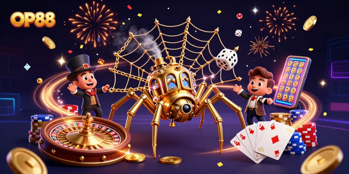 Spin to win at OP88 with a vibrant steampunk theme showcasing a lively casino scene.