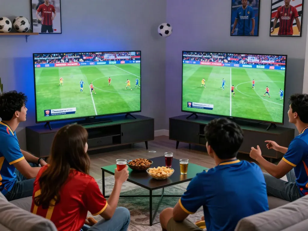 Viewers enjoying Thapcamtv live football match in a vibrant living room