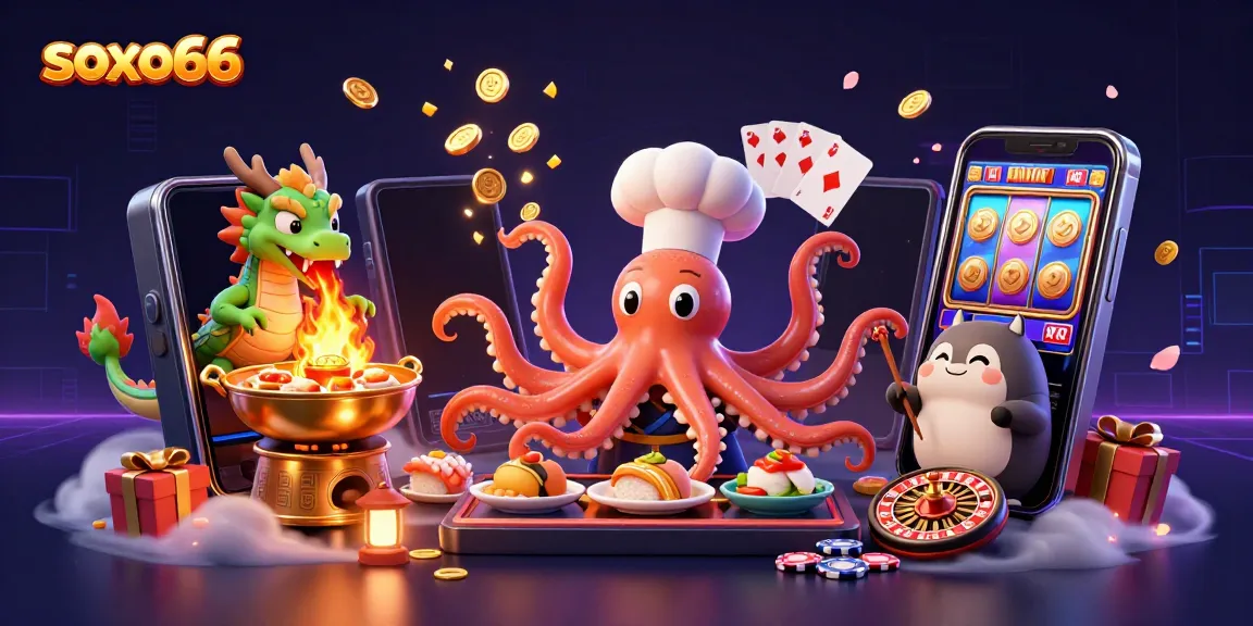 Experience the thrill of soxo66 with a colorful, dynamic scene featuring a 3D octopus chef at the casino.