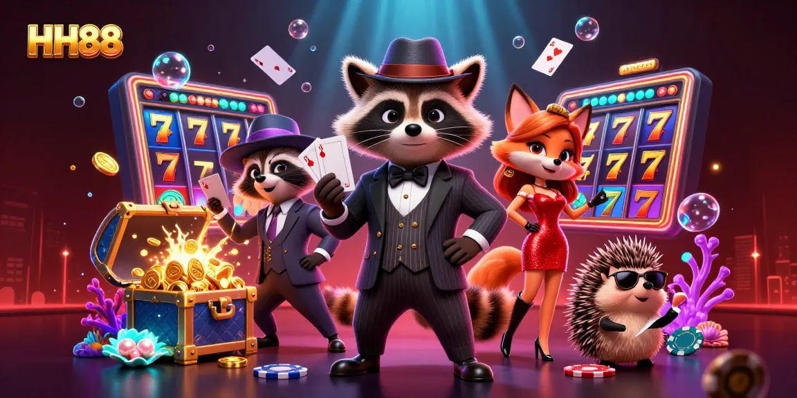 Experience the excitement at HH88 with a raccoon holding a royal flush amidst vibrant casino elements.