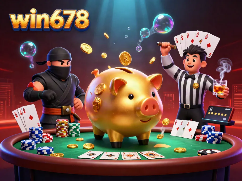 Engage with the vibrant win678 casino scene featuring a golden piggy bank sumo wrestler, poker elements, and dynamic action.