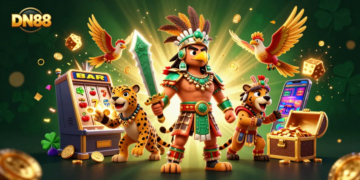 Experience thrilling gaming at DN88 with a jackpot explosion scene featuring Aztec warrior characters.