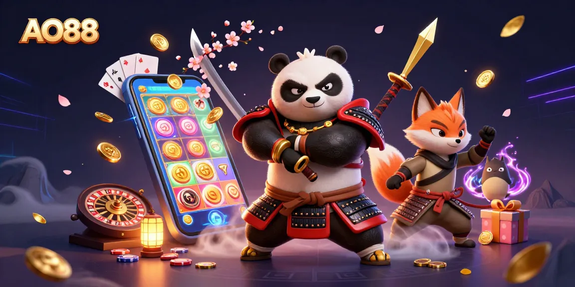 Spin to win at AO88 with a fierce samurai panda and a ninja fox amid vibrant casino elements.