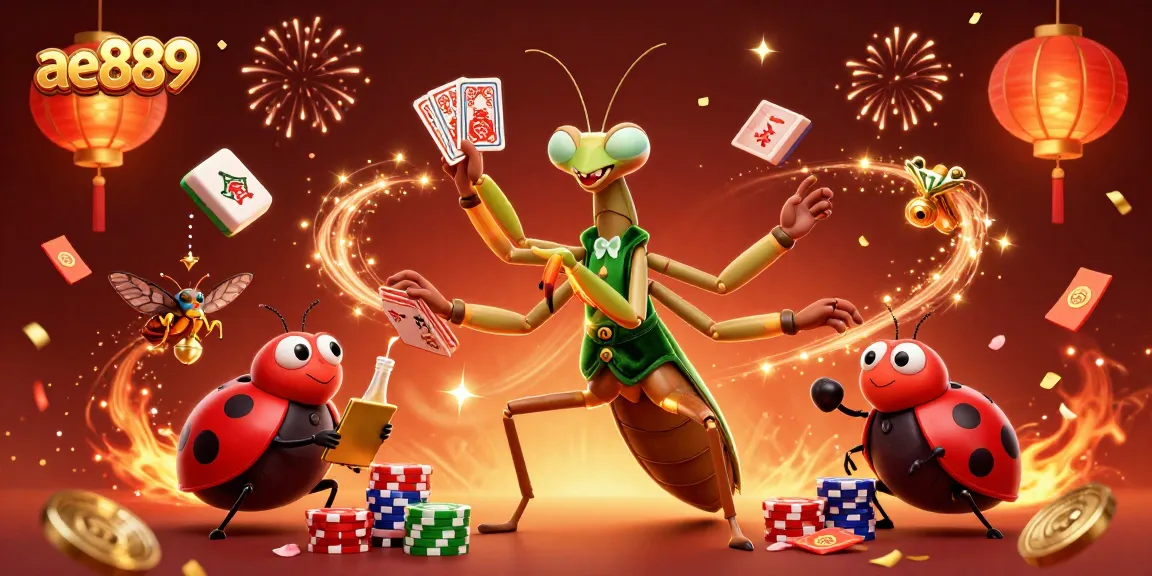 Experience the thrills of ae889 with a giant mantis card sharp and ladybug pit boss in a lavish casino scene.