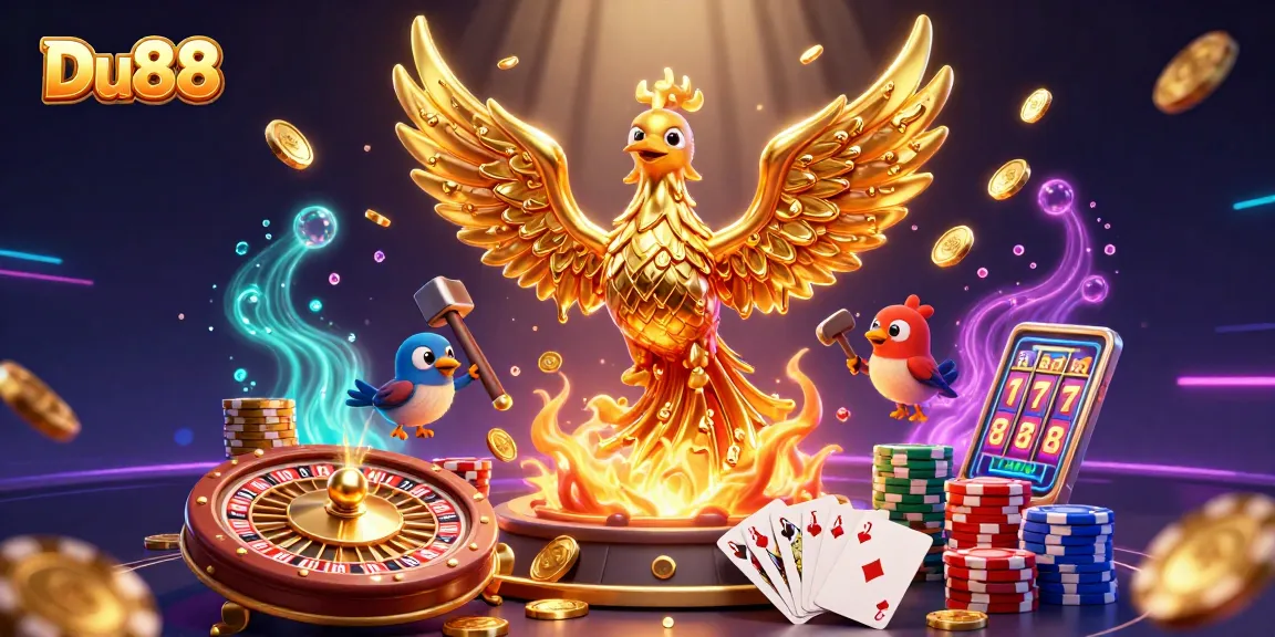 Engage in the thrill of Du88 with golden phoenix emerging from a forge surrounded by vibrant casino elements.