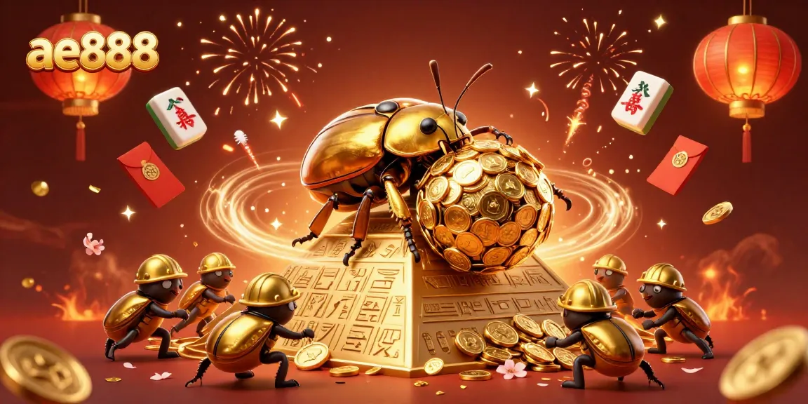 Win big with ae888 at a vibrant casino, featuring a golden beetle amid lively decorations.