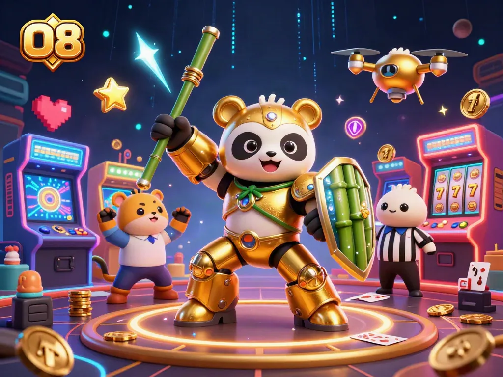 Engaging O8 casino scene with golden panda, slot game elements, and energetic atmosphere