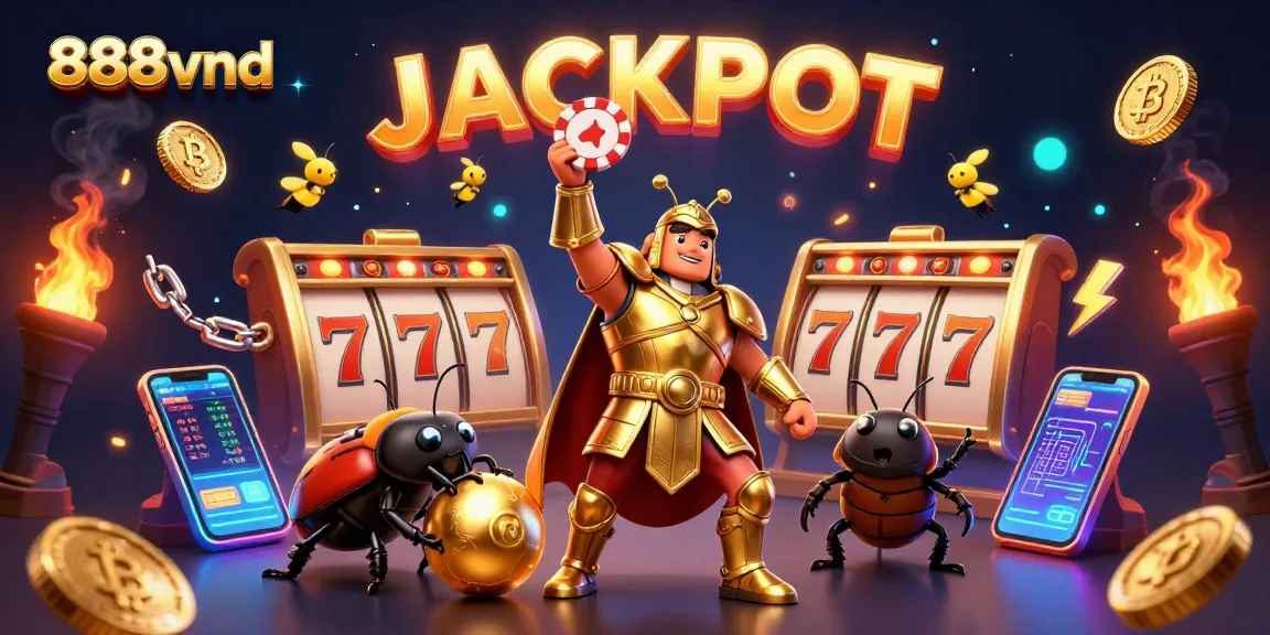 Spin to win with 888vnd in this lively 3D scene showcasing a victorious beetle and vibrant slot elements.