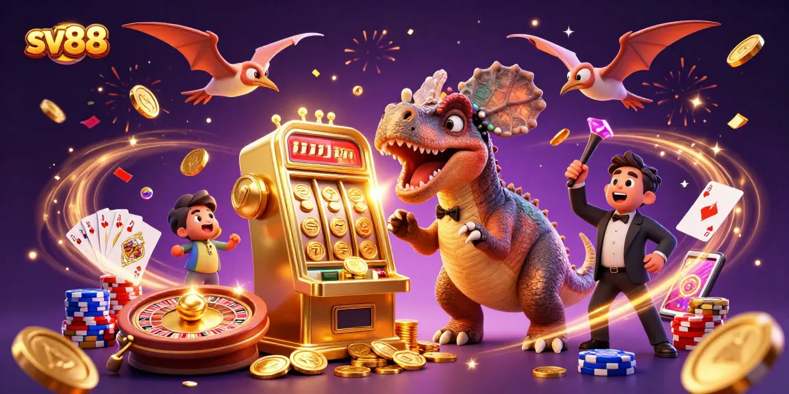 sv88 dinosaur-themed casino scene with pachycephalosaurus, golden slot machine, and flying coins