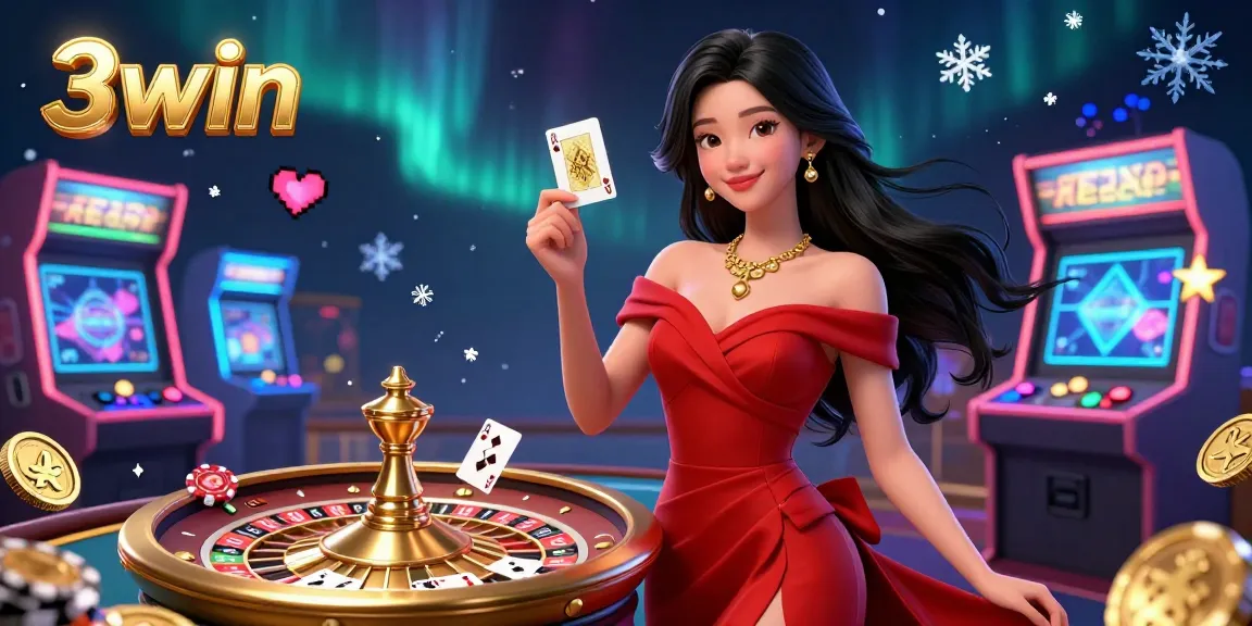 Experience the excitement at 3win with a beautiful woman showcasing her winning golden card by the roulette.