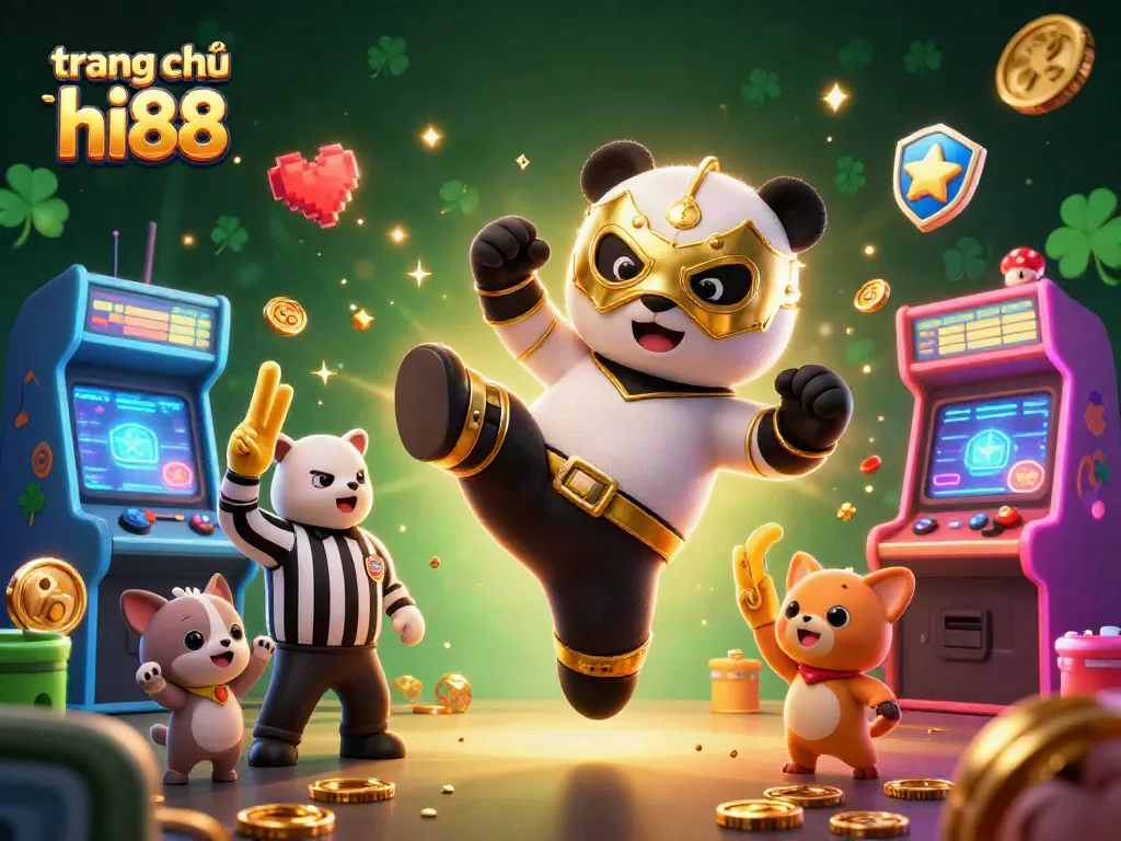 Engage in thrilling action at trang chủ hi88 with a 3D panda wrestler performing an exciting kick!
