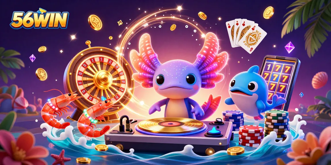 Experience the excitement at 56WIN with vibrant casino characters celebrating with golden coins and poker elements.