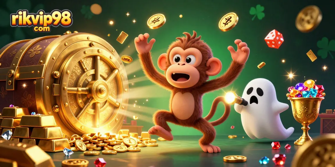 Experience thrilling games at rikvip98 com with mischievous ghosts juggling riches in a haunted casino scene.