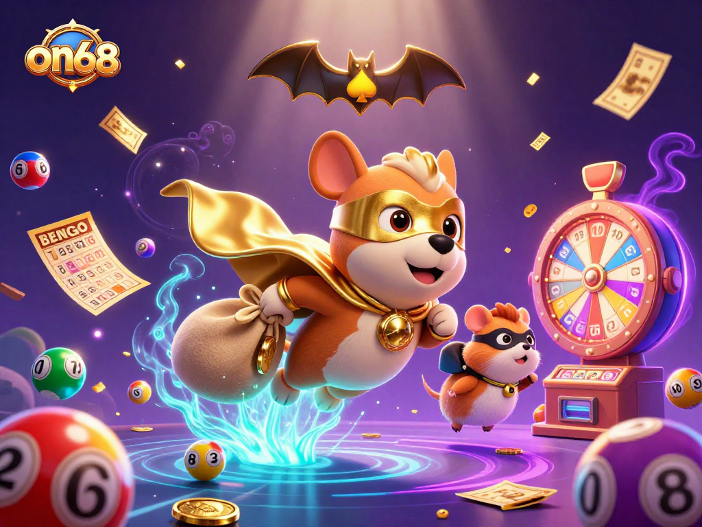 Engaging scene of on68's cartoon superhero dog and sidekick celebrating winnings with dynamic gambling elements.