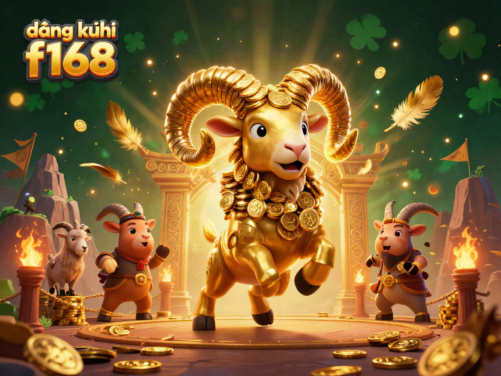 Engage with đăng ký f168, vibrant 3D casino illustration showcasing a golden ram charging through a dynamic gaming scene.
