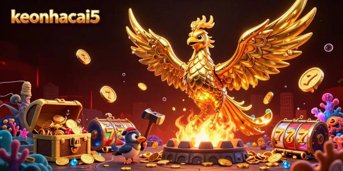 Engage with the vibrant keonhacai5 world in this dynamic casino scene filled with gold and excitement.