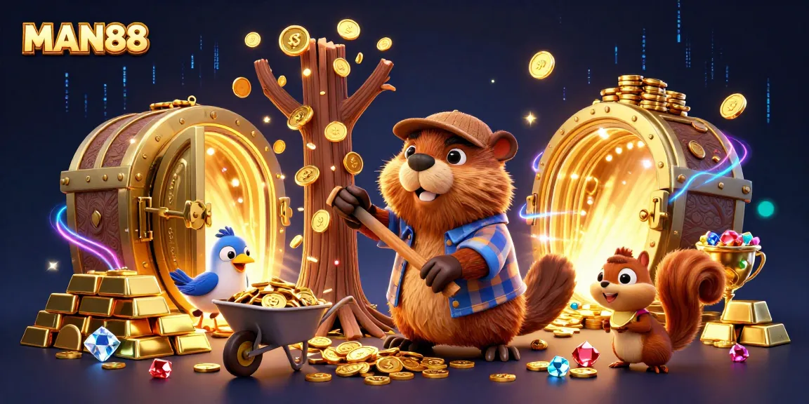 Collect riches at MAN88 with a beaver and friends igniting a treasure trove of gold coins.