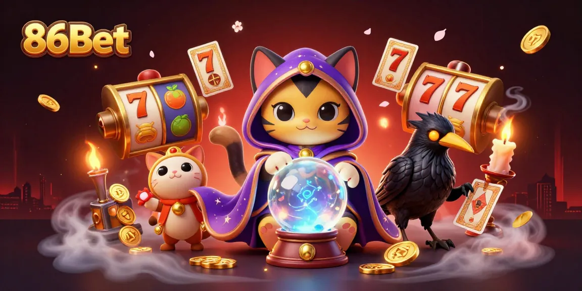 Engage in thrilling experiences with 86Bet in this vibrant illustration showcasing slots and mystical characters.