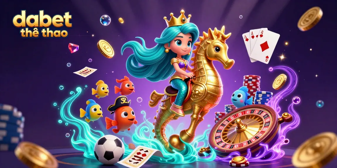 dabet thể thao showcases a vibrant underwater sports betting atmosphere with a mermaid princess and a giant seahorse.