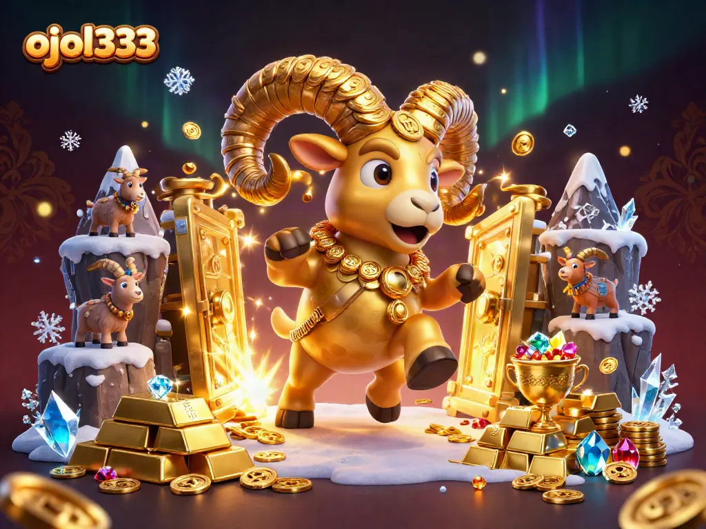 Experience the thrill of ojol333 with vibrant casino elements and a majestic golden ram.