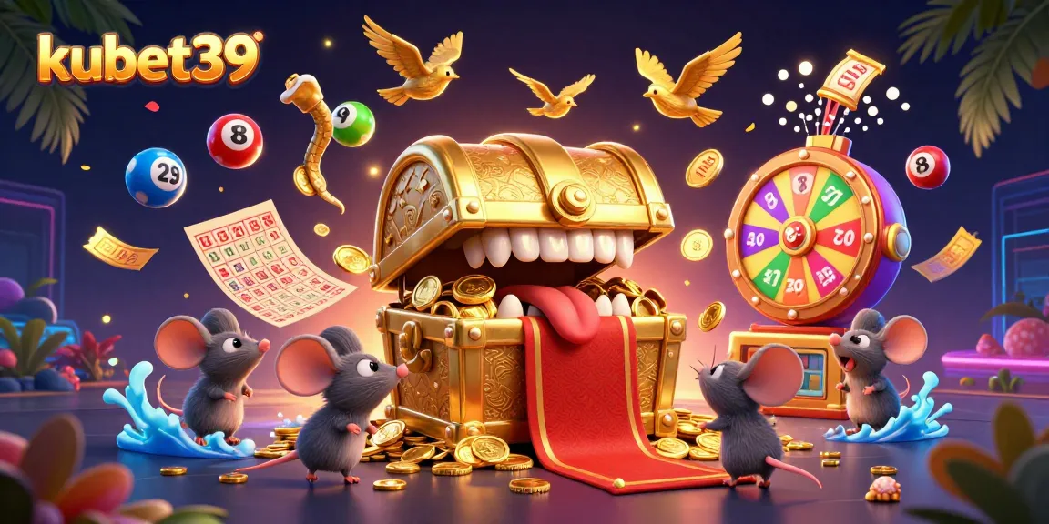 Kubet39 engages players with a treasure chest of riches, vibrant lottery elements, and tropical decor in an exciting casino scene.