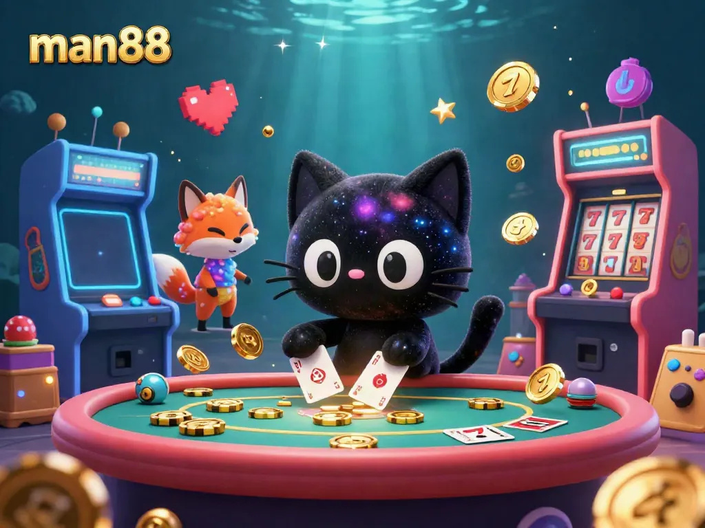 Experience man88's cosmic casino scene with a black hole cat and colorful nebula fox pulling in chips and cards.