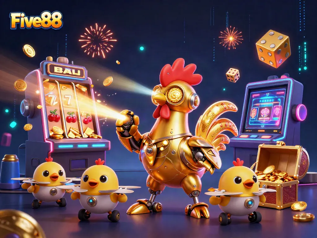 Engage in thrilling gaming adventures with Five88’s vibrant 3D illustration featuring a dynamic rooster robot and exciting casino elements.