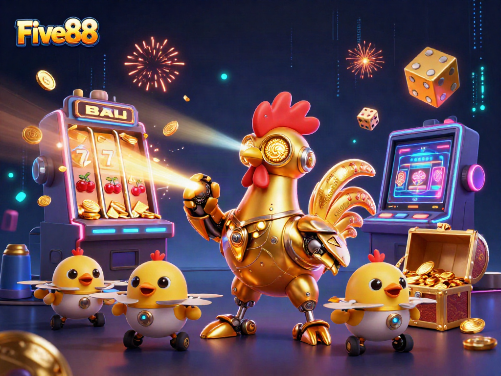 Engage in thrilling gaming adventures with Five88’s vibrant 3D illustration featuring a dynamic rooster robot and exciting casino elements.