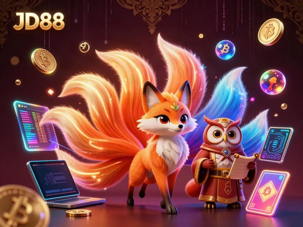 Engage with the vibrant JD88 casino world featuring a magical nine-tailed fox and an owl sage amidst glowing coins.