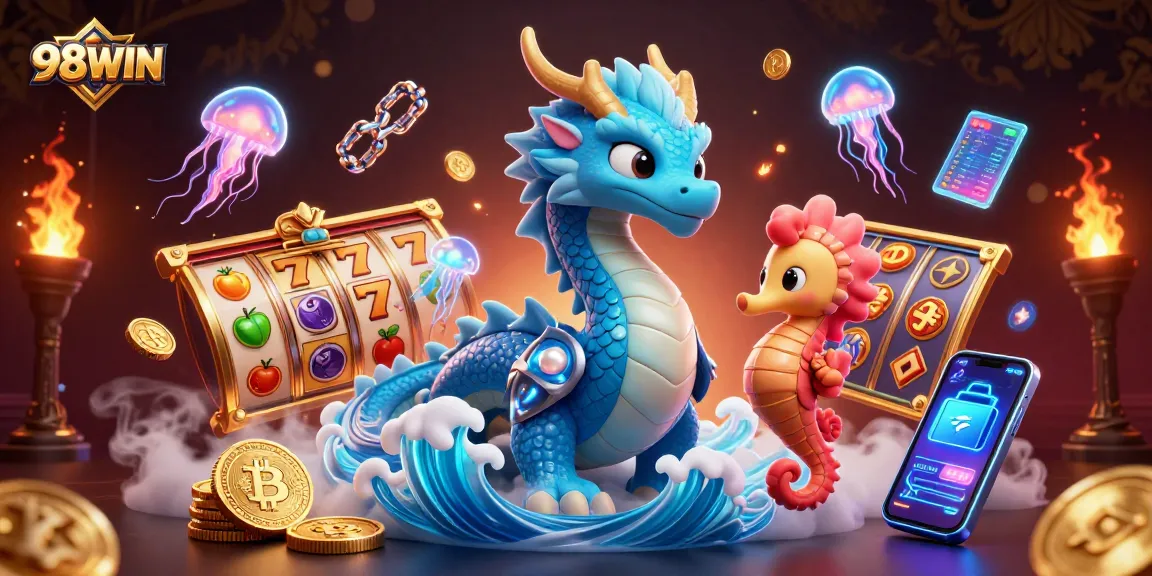 Engage with 98WIN in a vibrant 3D scene full of slot machines and neon effects.