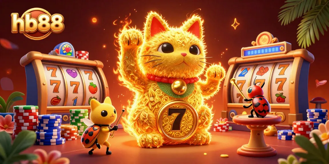 Experience the thrill of hb88 with a vibrant 3D illustration showcasing casino symbols and a lucky cat.
