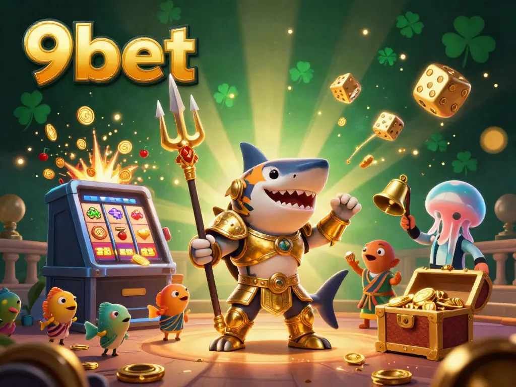 Experience thrilling wins with 9bet's vibrant underwater casino adventure featuring a golden trident shark.
